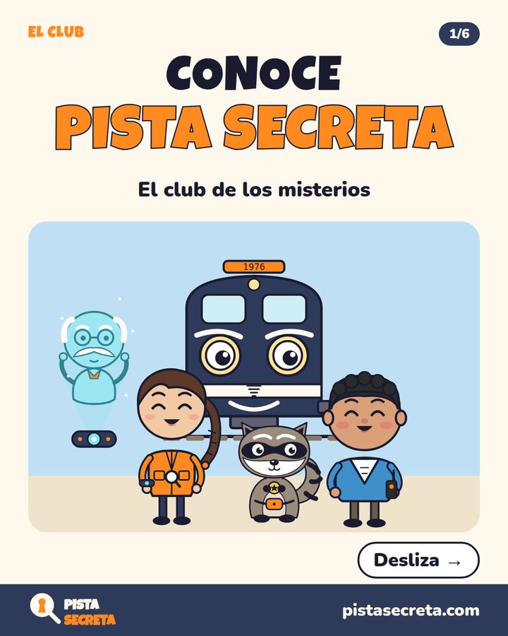 Conoce Pista Secreta, el club de los misterios: Atlas, Zoe, Nilo y Bruno delante del tren Tornado