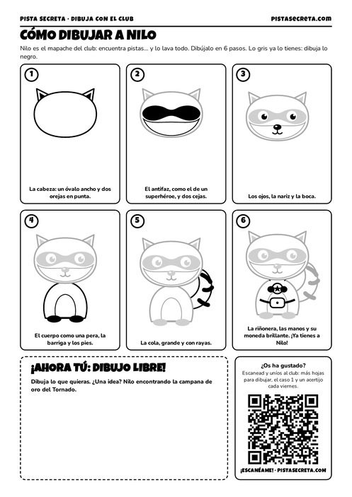 Hoja gratis para imprimir: cómo dibujar a Nilo, el mapache detective, en 6 pasos