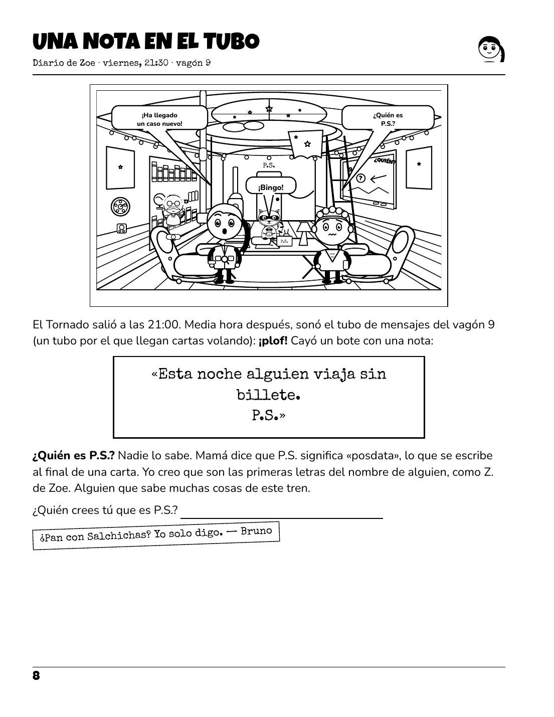 Página del diario de Zoe: así empieza cada caso del libro de acertijos para niños El misterio del tren Tornado